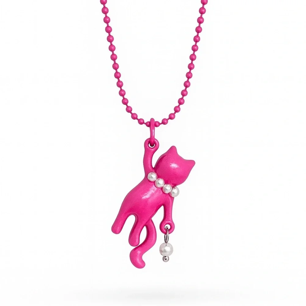 ⚜️ Pink Cat Necklace with Pearl Accents